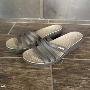 Crocs Rhonda Women's 9 Wedge Sandals Brown Strappy Slip On Slides